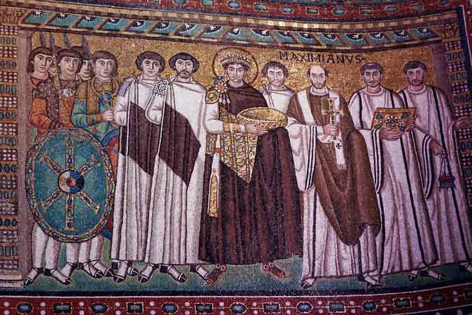 Mosaic of the Roman Christian Emporer Justinian I Flanked by Military and Clergy